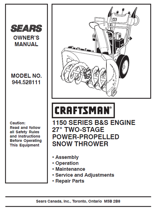 944.528111 Manual for Craftsman 27" Two-Stage Snow Thrower