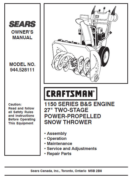 944.528111 Craftsman 27" Snowthrower Owners Manual
