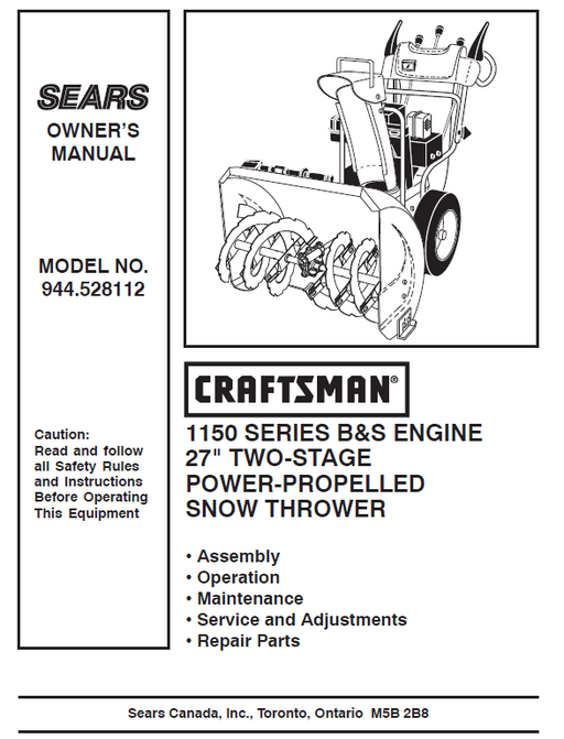 944.528112 Manual for Craftsman 27" Two-Stage Snow Thrower