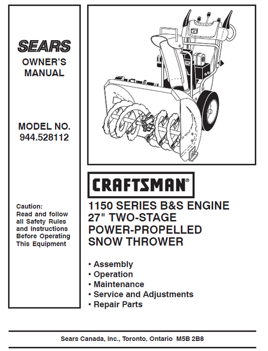 944.528112 Manual for Craftsman 27" Two-Stage Snow Thrower