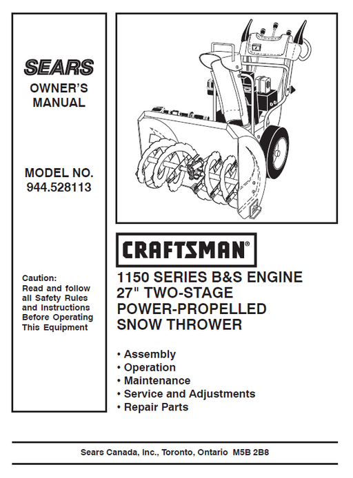 944.528113 Manual for Craftsman 27" Two-Stage Snow Thrower