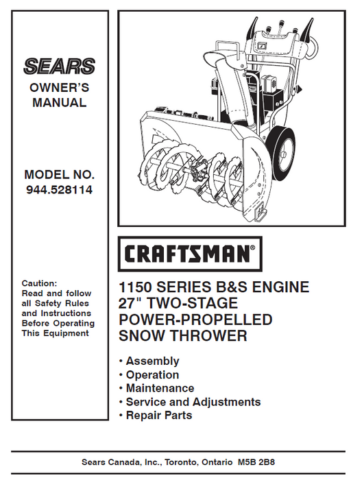 944.528114 Manual for Craftsman 27" Two-Stage Snow Thrower