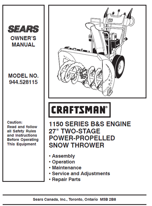944.528115 Manual for Craftsman 27" Two-Stage Snow Thrower