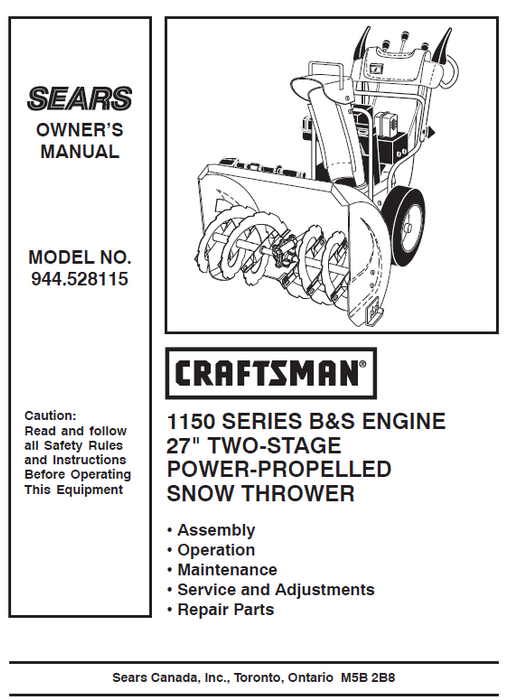 944.528115 Craftsman 27" Snowthrower Owners Manual