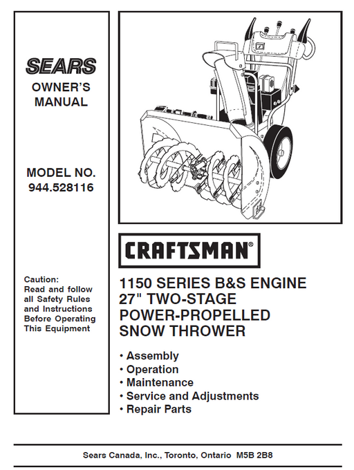 944.528116 Manual for Craftsman 27" Two-Stage Snow Thrower