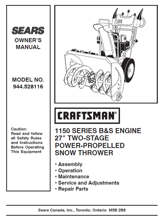 944.528116 Craftsman 27" Snowthrower  Owners Manual