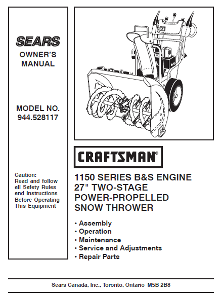 944.528117 Craftsman 27" Snowblower Owners Manual