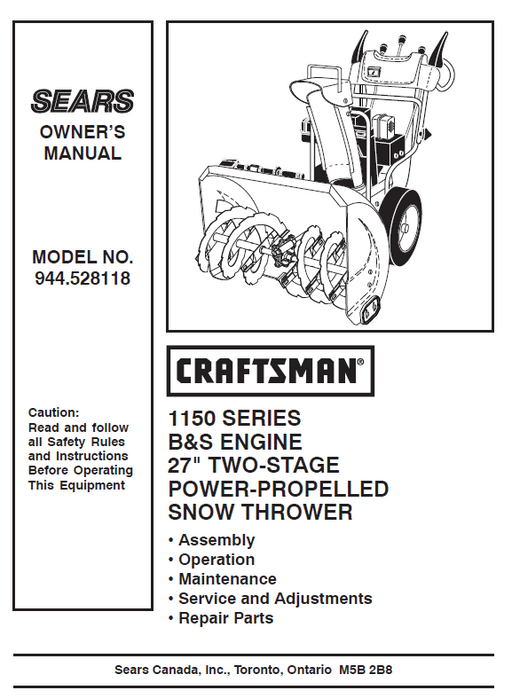 944.528118 Manual for Craftsman 27" Two-Stage Snow Thrower