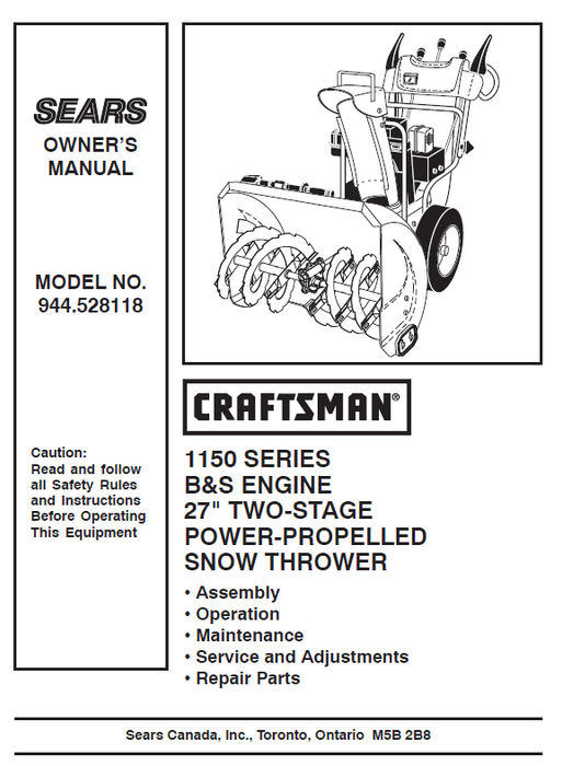 944.528118 Craftsman 27" Snowthrower Owners Manual 