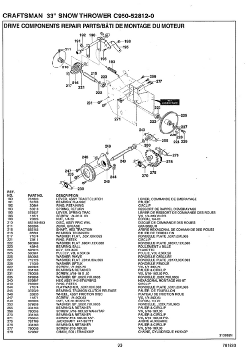 C950-52812-0 Craftsman 33" Snow Thrower Parts List