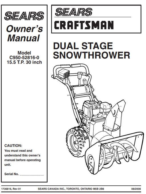C950-52816-0 Manual for Craftsman 15.5 TP 30" Dual Stage Snow Thrower