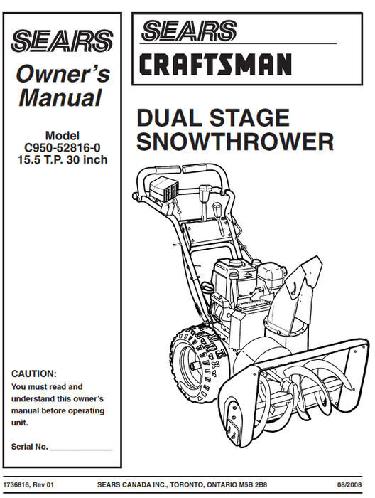 C950-52816-0 Manual for Craftsman 15.5 TP 30" Dual Stage Snow Thrower
