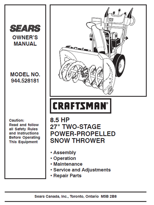 944.528181 Manual for Craftsman 27" Two-Stage Snow Thrower