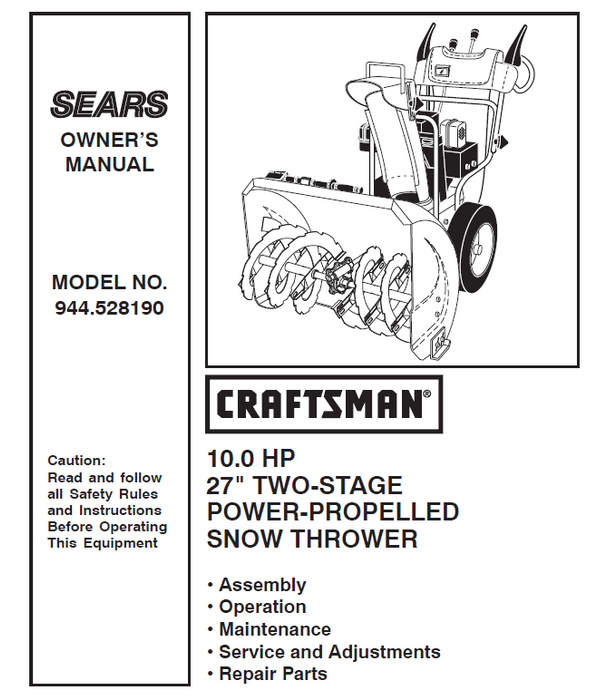 944.528190 Manual for Craftsman 27" Two-Stage Snow Thrower