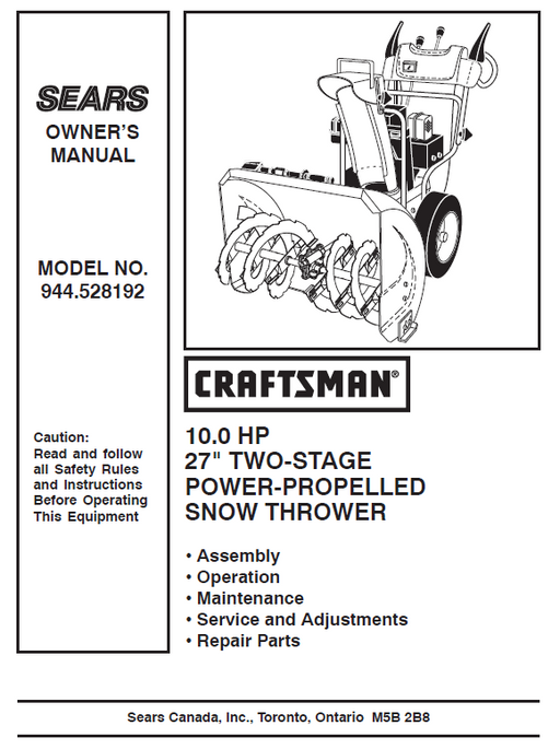 944.528192 Manual for Craftsman 27" Two-Stage Snow Thrower