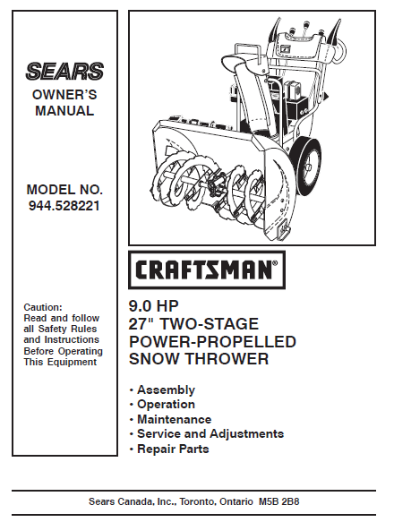 944.528221 Manual for Craftsman 27" Two-Stage Snow Thrower