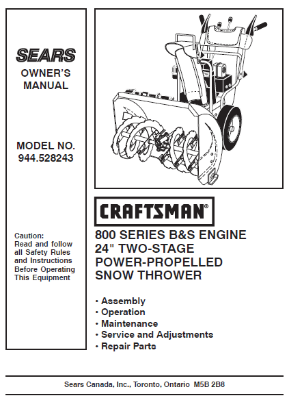 944.528243 Manual for Craftsman 24" Two-Stage Snow Thrower
