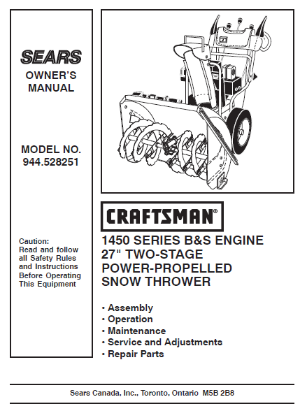 944.528251 Craftsman 27" Snowthrower Owners Manual 