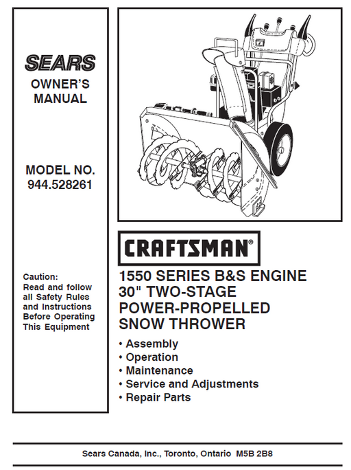 944.528261 Manual for Craftsman 30" Two-Stage Snow Thrower