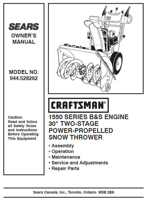 944.528262 Manual for Craftsman 30" Two-Stage Snow Thrower