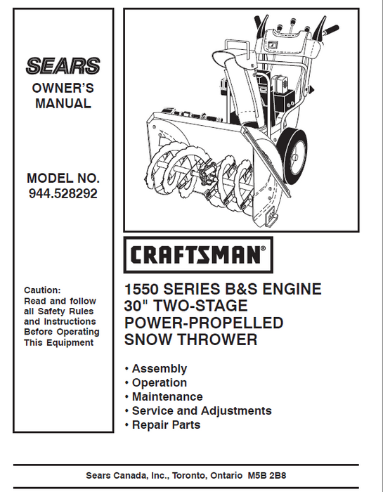 944.528292 Craftsman 30" Snowthrower Owners Manual