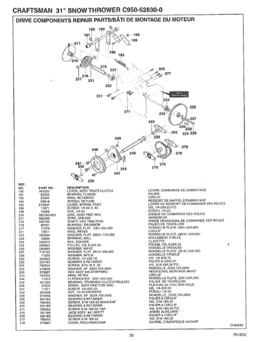 C950-52830-0 Craftsman 31" Snowblower Parts List