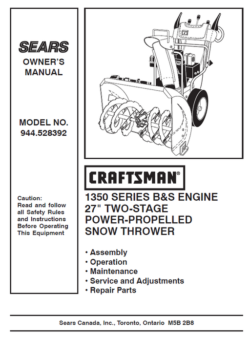 944.528392 Manual for Craftsman 27" Two-Stage Snow Thrower