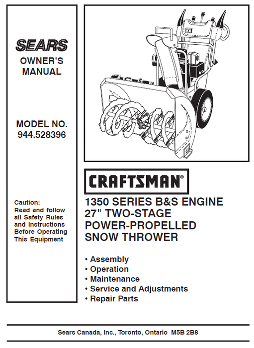 944.528396 Manual for Craftsman 27" Two-Stage Snow Thrower