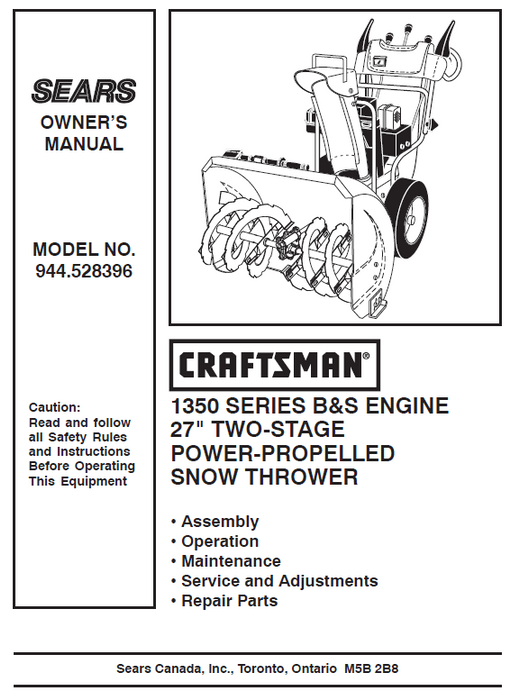 944.528396 Craftsman 27" Snowthrower Owners Manual 