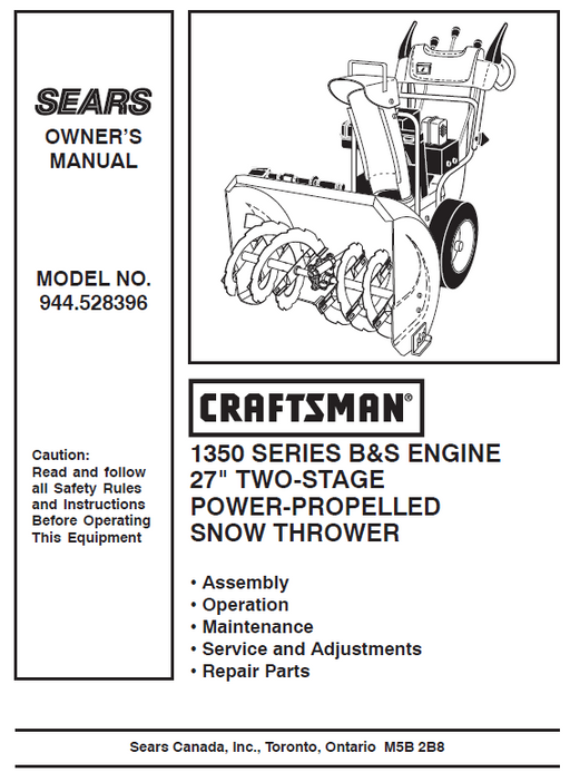 944.528396 Manual for Craftsman 27" Two-Stage Snow Thrower