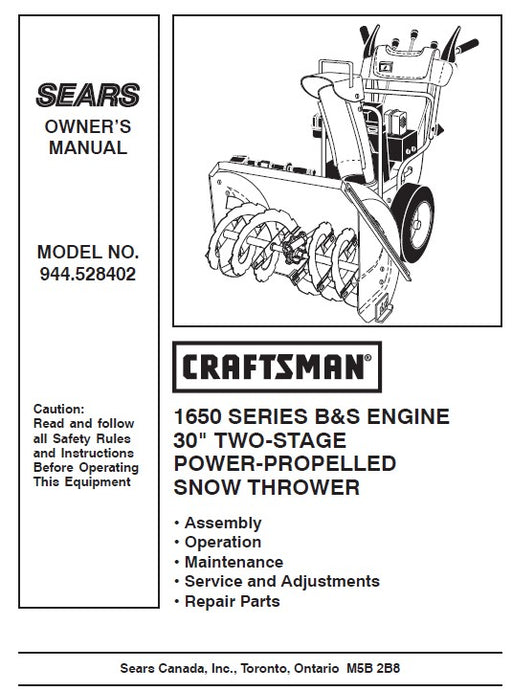 944.528402 Craftsman Manual for 30" TWO-STAGE POWER-PROPELLED SNOW THROWER