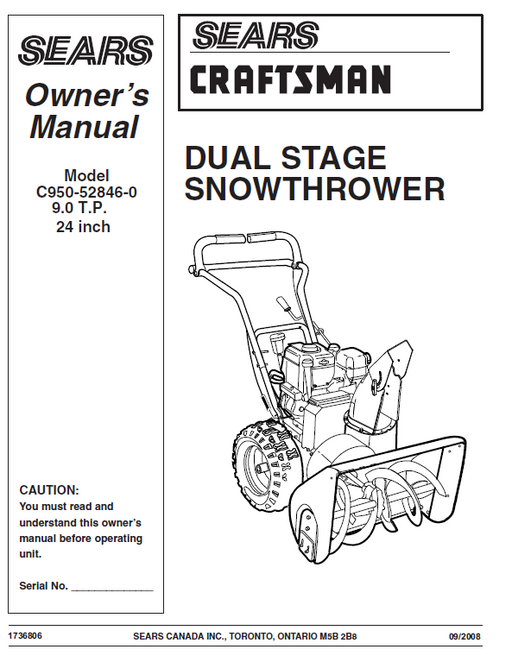 C950-52846-0 Manual for Craftsman 9.0 TP 24" Dual Stage Snow Thrower
