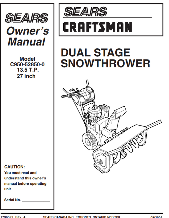 C950.52850-0 Craftsman 27" Snow Thrower Owners Manual