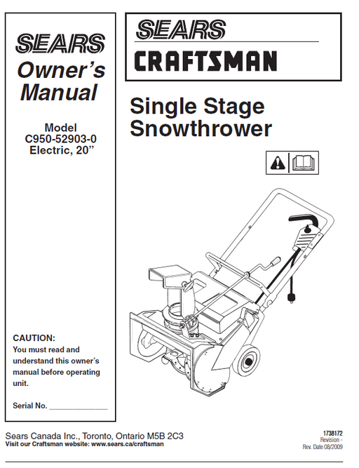 C950-52903-0 Craftsman 20" Snowthrower Owners Manual