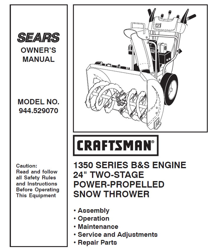 944.529070 Manual for Craftsman Snowblower 1350 Series 24" Self