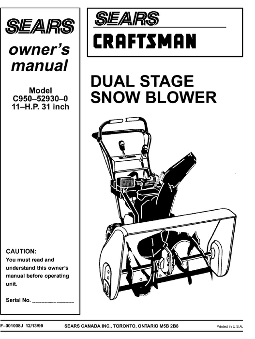 C950-52930-0 Craftsman 31" Snowblower Parts List