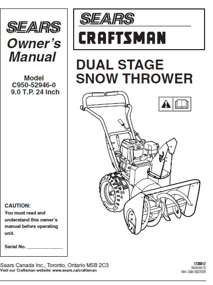 C950-52946-0 Manual fro Craftsman 9.0 TP 24" Dual Stage Snow Thrower