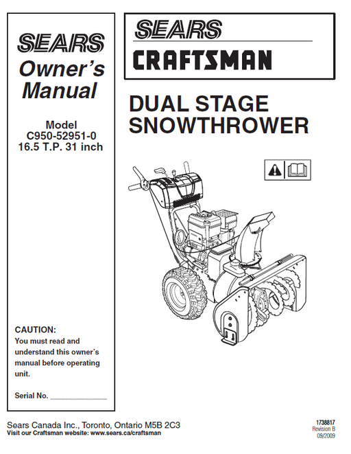 C950-52951-0 Manual for Craftsman 16.5 TP 31" Snow Thrower