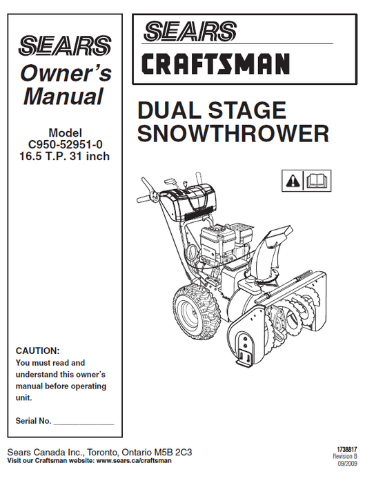 C950 52951 0 Manual for Craftsman 16.5 TP 31 Snow Thrower DR Mower Parts