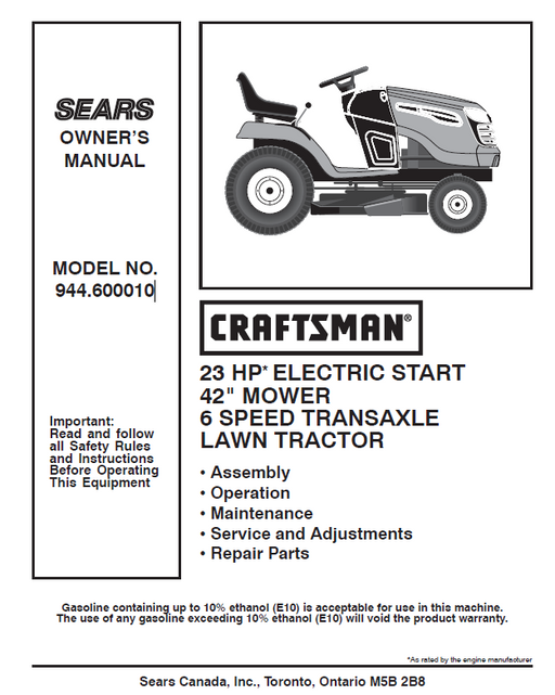 944.600010 Manual for Craftsman 42" Lawn Tractor