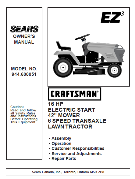 944.600051 Manual for Craftsman 16 HP 42" Lawn Tractor