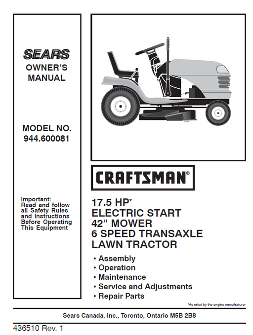 944.600081 Manual for Craftsman 17.5 HP 42" Lawn Tractor