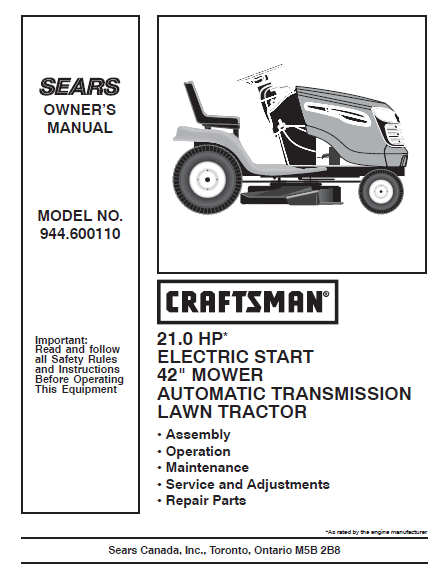 944.600110 Craftsman 21 HP* Lawn Tractor 42" Deck Owners Manual