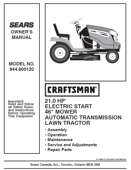 944.600120 Manual for Craftsman 21.0 HP 46 Lawn Tractor DR Mower Parts