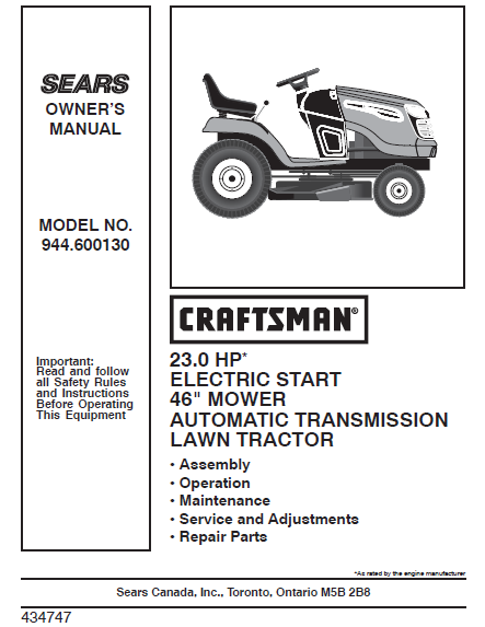 944.600130 Craftsman 23.0 HP*  Lawn Tractor 46" Deck Owners Manual