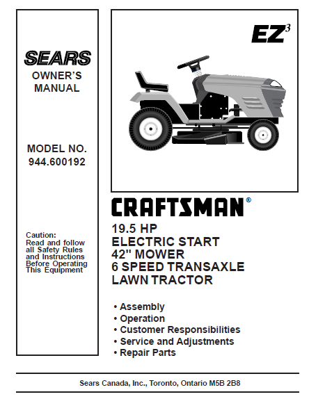 944.600192 Manual for Craftsman 19.5 HP 42" Lawn Tractor