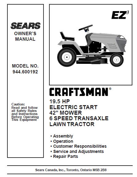 944.600192 Manual for Craftsman 19.5 HP 42