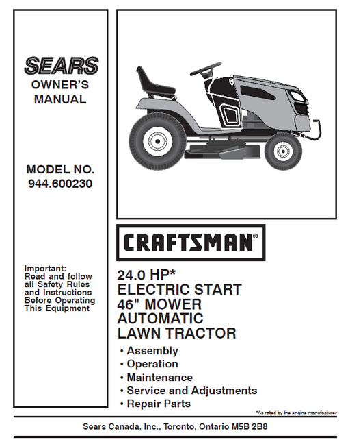 944.600230 Manual for Craftsman 24.0 HP 46" Lawn Tractor