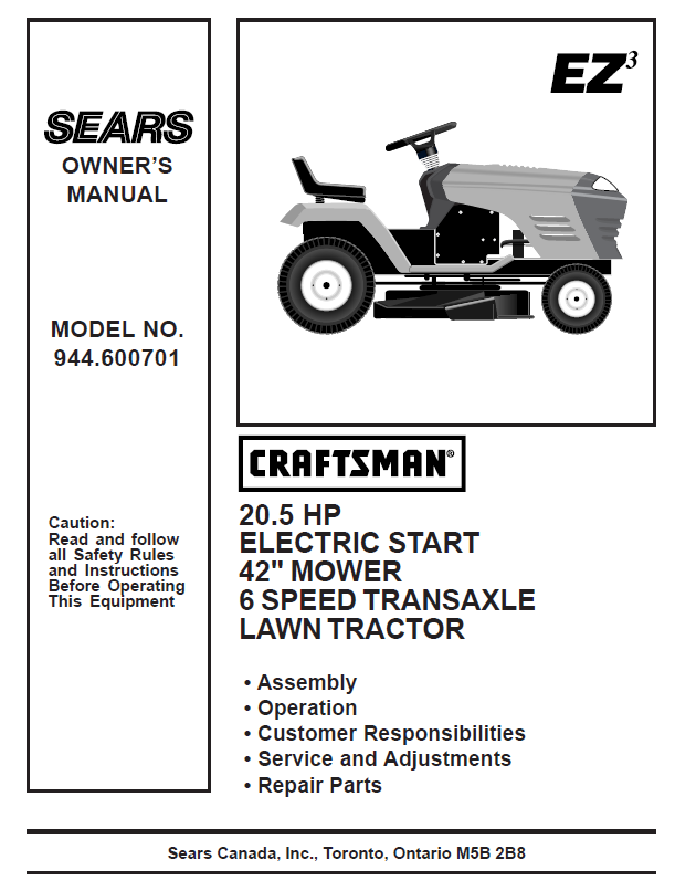 kannnnnページ 944.600701 Manual for Craftsman 20.5 HP 42