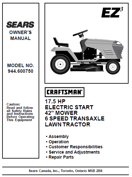 944.600750 Manual for Craftsman 17.5 HP 42" Lawn Tractor